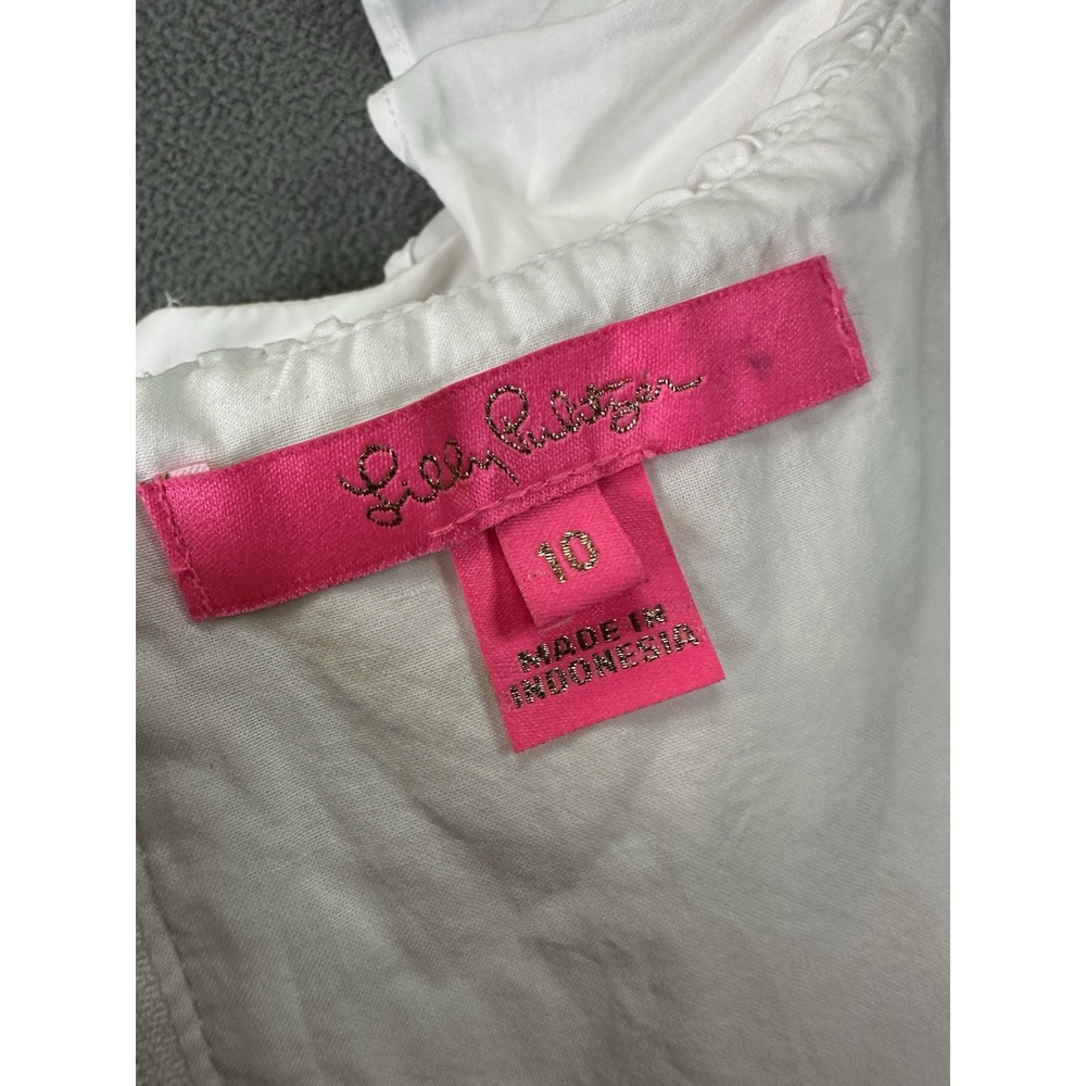 Lilly Pulitzer Top Size 10 White Pink Emie Ruffle Resort Beach Coconut Babydoll - Picture 9 of 11
